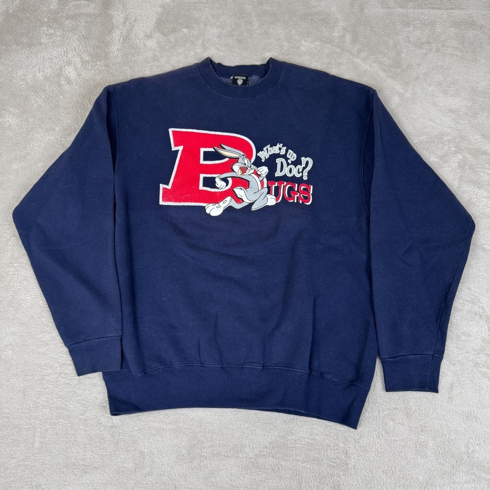 VTG 90s Warner Bros Bugs Bunny Sweatshirt‎ Mens XL Blue Preowned Stain Pullover